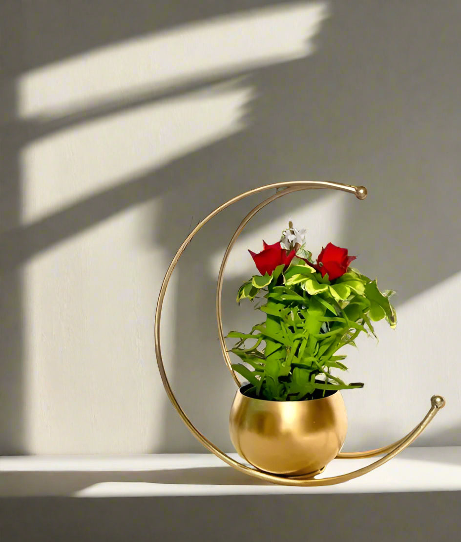 Decorative gold plant holder with a plant on a desk in a home office setting.